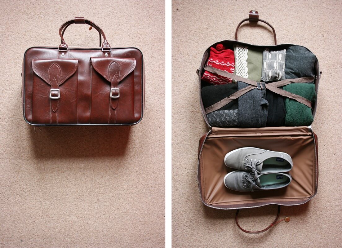 Exemple d'un sac de voyage Sac de voyage en cuir fermé et ouvert