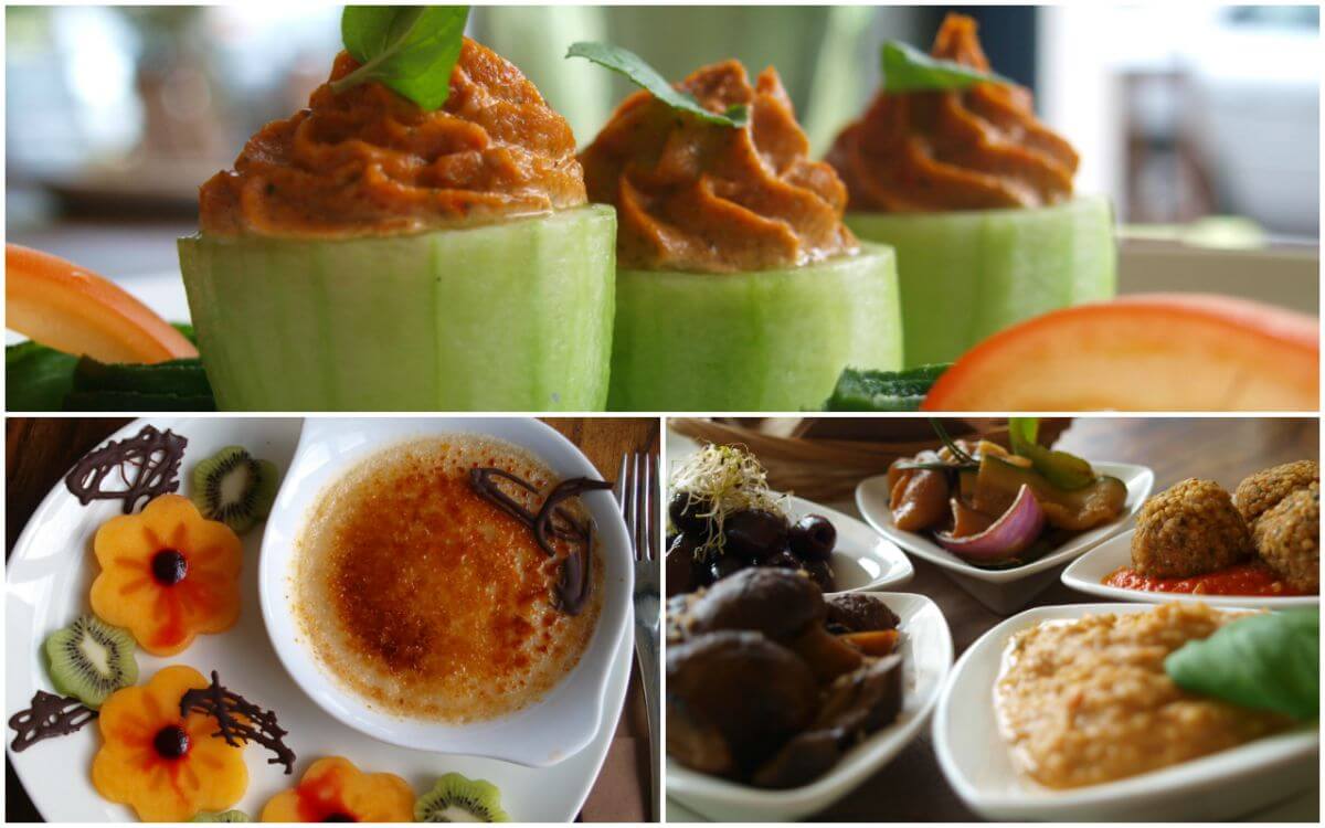 Oben: gefüllte Gurken; unten links: Crema Catalana Di Coco; unten rechts: Bardot's Tapas