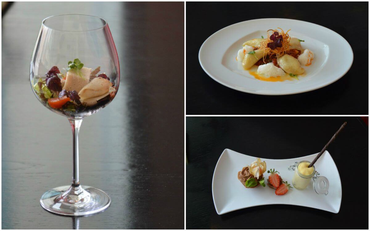 Veganes Menü im Arcortel Hamburg; Links: Liasion vom Spargel; rechts oben: Tiroler Schlipfkrapfen; rechts unten: Schokoladenmousse