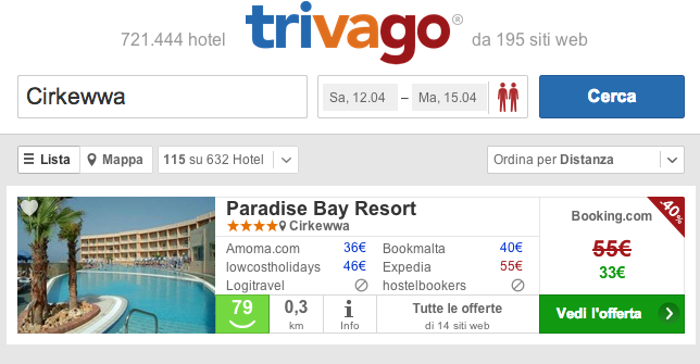 Screenshot prenotazione su trivago