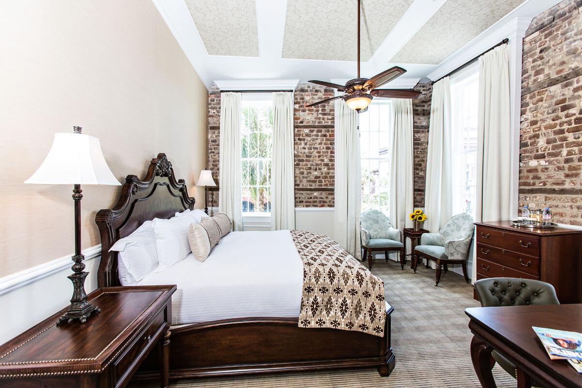Beautiful guest room at the Vendue Modern hotels Charleston