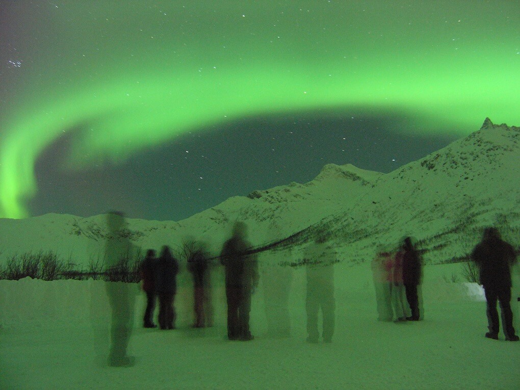 Aurore boréale en Norvège Spectateurs d'une aurore boréale à Tromso - Laponie Norvégienne