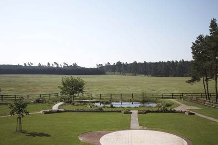 garten_flae Blick vom Garten des Hauses auf die grüne Weide